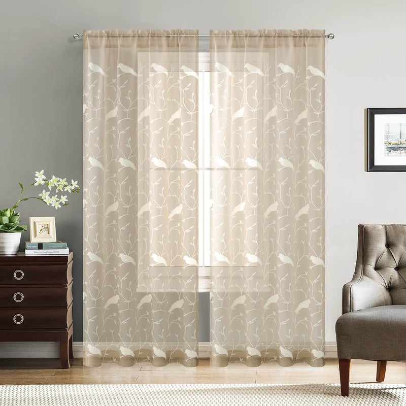 VOGOL Sheer Curtains 96 Inches Long, Taupe Sheer Curtains Rod Pocket Bird Embroidered Curtains for Living Room/Bedroom, W60X L96, 2 Pieces - Image 2
